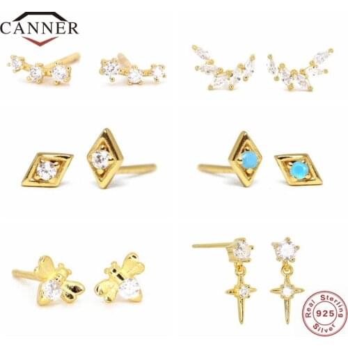 CANNER Real 925 Sterling Silver Mini Exquisite Stud Earrings For Women Gold Color Piercing Earring Earings Jewelry pendientes