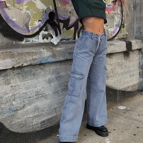 Rapwriter Streetwear Full Length Straight High Waist Pant 2020 Cotton Pockets Patchwork Cargo Pants Women Blue Jean Capris Femme