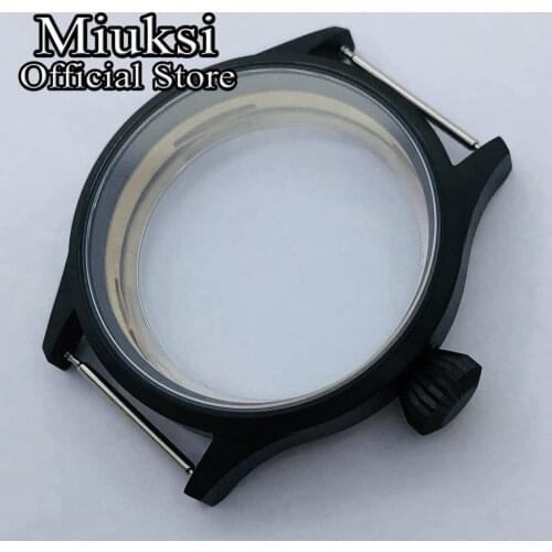 Miuksi 43mm sapphire glass sterile black PVD steel watch case fit 6497/6498 Sea gull ST3600 movements mens watch