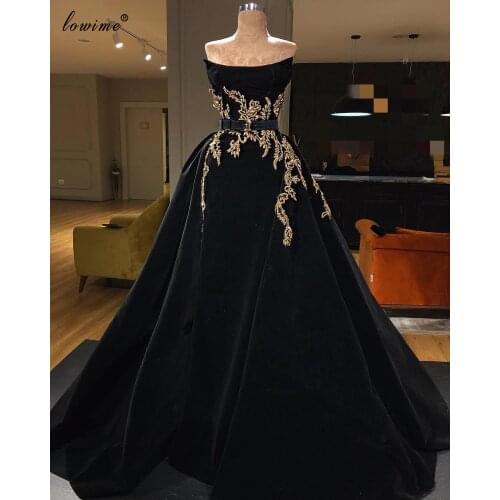 African Black Formal Evening Dresses 2020 A-Line Gold Appliques Long Prom Dresses Woman Party Night Middle East Velvet Vestidos