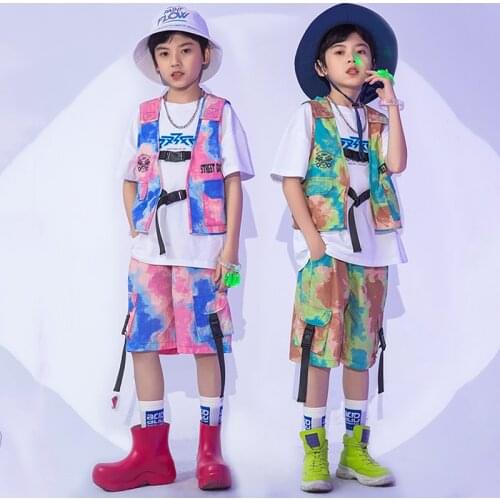 Kids Multicolor Vest Shorts Girls Hip Hop Dance Clothes Boys Street Dance Performance Outfit Jazz Dancing Stage Costume BL6133