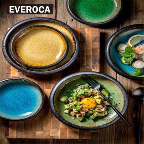 EVEROCA Kitchen Dining Bar Kiln Turned Ice Cracked Glaze Dinner Plate Dish Japanese Sushi Sashimi Plate Meal Dinner Plates
