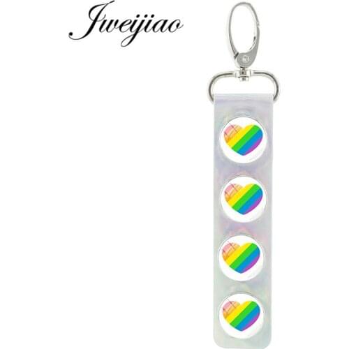 JWEIJIAO Glass LGBT Love Heart Rainbow Image Snap Button Keychain PU Leather Key Chains Bags Keys Charm Pendant Jewelry Bt61