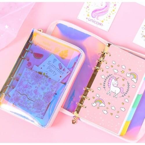 Kawaii Laser Unicorn Zipper Loose-leaf Diary Notebook Journal Planner Grid binder Diary Cute Gift Set School Stationery