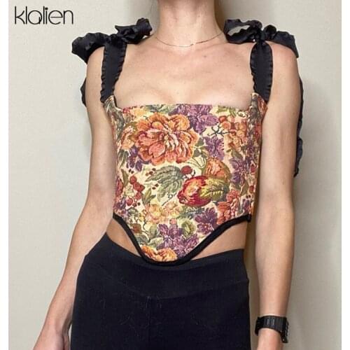 KLALIEN Women Summer Fashion Print Bow Bandage Cute Sweet Vintage Camisole 2021 New Slim Stretch Sexy College Style Cropped Top