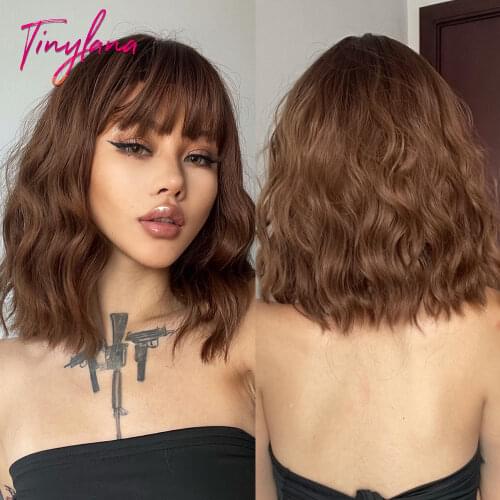 TINY LANA Ombre Dark Brown Synthetic Wigs with Bangs Medium Length Bob Wavy Wigs for Black Women Cosplay Party Heat Resistant