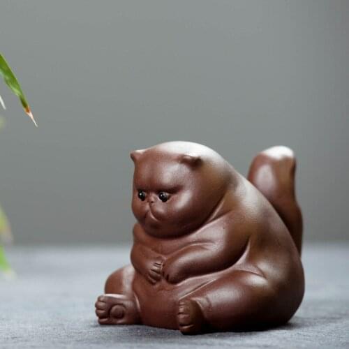 Creative Ceramic Animal Figurines Purple Clay Tea Pet Cute Kung Fu Small Angry Cat Crafts Home Car Decoration Ornaments Gifts WF