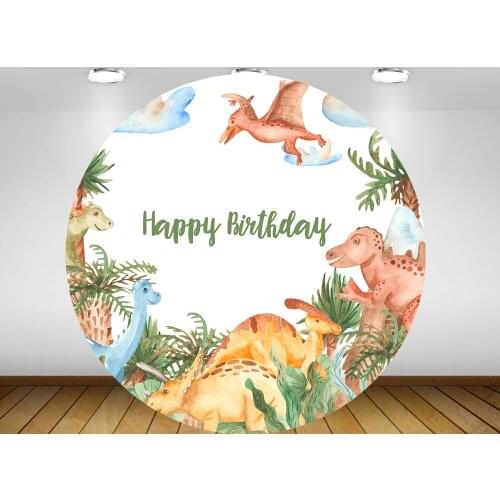 Round circle backgroundCartoon watercolor dinosaur Backdrop baby shower boys girls kids birthday Party decor table Cover vinyl
