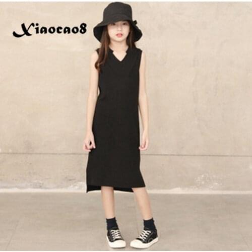 Big Girls Summer Dress Solid Sleeveless Elestic Dress for Girls V Neck Elegant Long Dresses Kids Teenage Girls Clothing Vestido