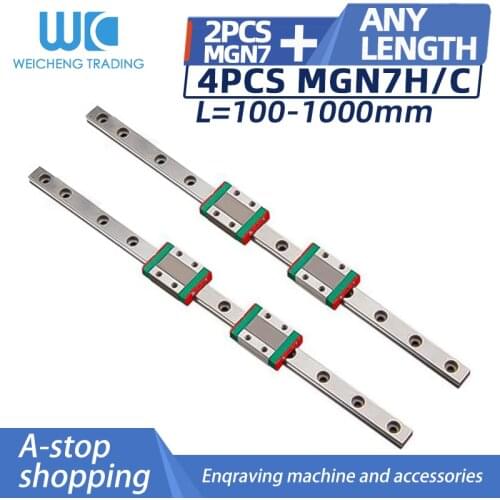 2Ppcs MGN7-100/150/200/250/300/350/400/450/500/550/600/650/700mm miniature linear rail slide+4pcs carriage block 3d printer CNC