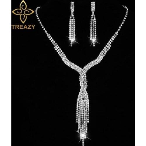 TREAZY Sparkling Crystal Bridal Jewelry Set Silver Color Rhinestone Tassels Long Necklace Earrings Set Wedding Dress Accessories