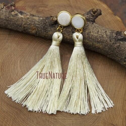 New Arrival Silk Thread Tassel Long Earrings Beige White Silk Tassel Stud Earring Round Shape Druzy Crystal 3.5 inch ER9220