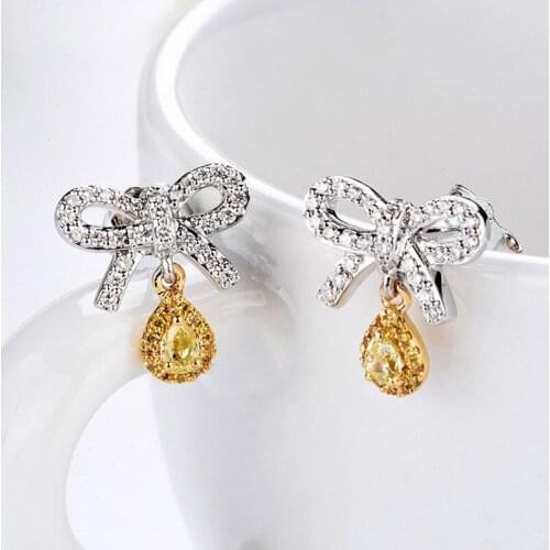 New Dainty Bow drop earrings Fashion Charm Silvery Jewelry With Water Drop Zircon Elegant Ear Studs For Women Wedding Party Gift