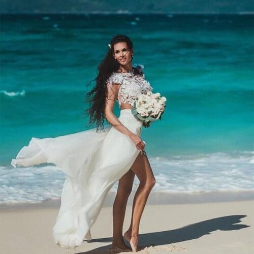 Charming Beach Bohomian Two Pieces Bridal Wedding Dresses Lace Sexy High Thigh Split Wedding Gowns for Bride 2021 New Arrival