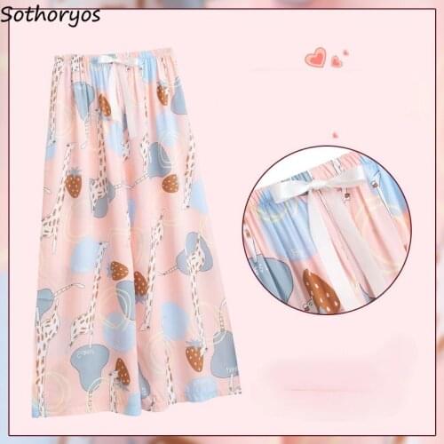 Sleep Bottoms Women Print Loose Ankle-length Korean Nightwear Breathable Summer Wide Leg Trousers Comfort Casual Elastic Waist