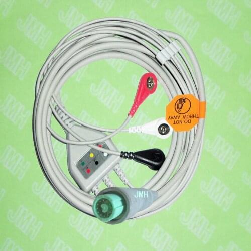 Compatible with 12pin Fukuda Denshi ECG Machine the one-piece 3 lead cable and Snap leadwire,IEC or AHA