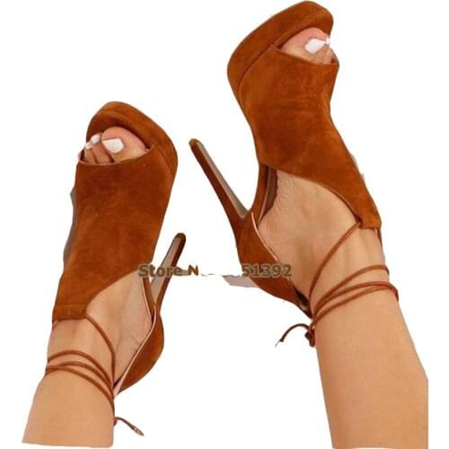 Suede High Heel Women Sandals Fish-Month Lace-crossed Suede Peep Toe Party Office Shoes Elegant Solid Cover Heel Sandals