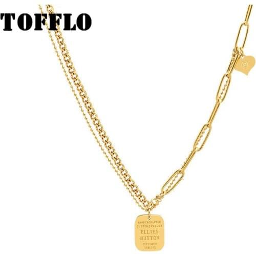 TOFFLO Stainless Steel Jewelry Double Chain Stitching Love Square Brand English Letter Necklace Women Cool Sweater Chain BSP868