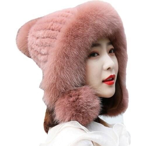Women Real Mink Fur Hat With Fox Fur Brim Earmuffs Caps Winter Warm Headgear Three Fox Fur Balls