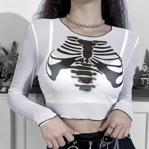 Women See-through Crop Tops Adults Breastbone Print Long Sleeve Round Neck Mesh T-shirt