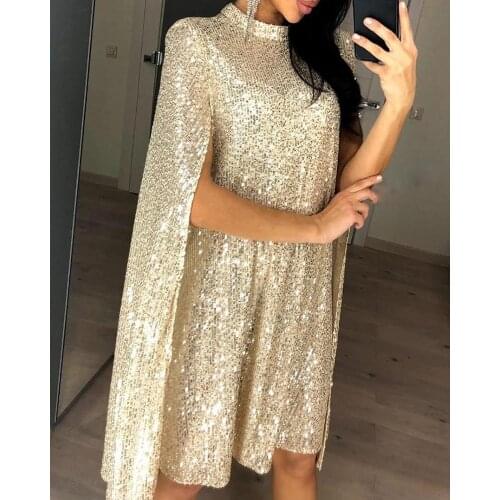 Women Glitter Mock Neck Cape Design Sequins Dress Party Club Dress Vestidos De Fiesta