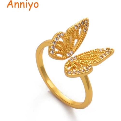 Anniyo Butterfly Ring for Women Gold Color Resizable Ring Rhinestone African Arab Middle Eastern Wedding Jewelry Gifts #001437