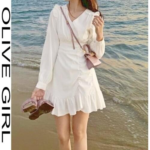 Elegant Women White Ruffle Dress Summer Vestidos Ladies V-neck Long Sleeve High Waist Office Dress High Quality Lining