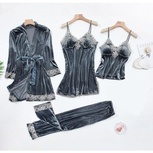 Winter Women Pajamas Long Sleeve With Chest Pad Sexy Suspender Nightdress High Quality Golden velvet Home Wear Four-piece Pajama