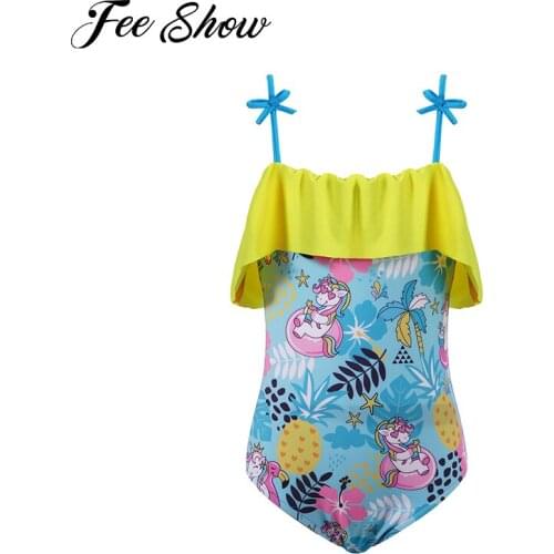 1pcs Kids Girls Swimwear Swimming Jumpsuit Outfit Straps Off Shoulder Ruffle Trim Print Bodysuit Children Beach Bathing Suit