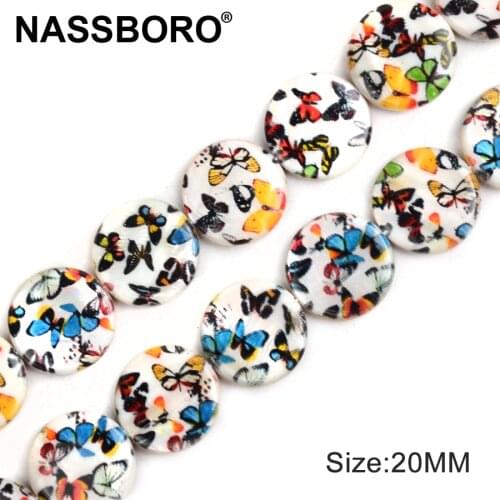 20mm Flat Round Shape Shell Beads Two Sides Butterfly Pattern Printed Spacer Beads for Jewelry Making DIY Necklace Bead Material