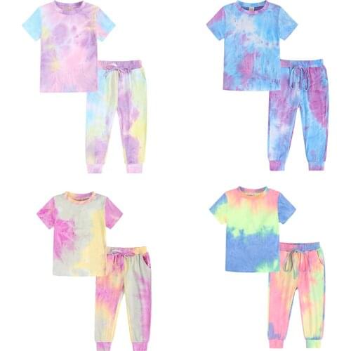2021 Summer Kids Boy Tie Dye Sport Suits 2Pieces Tracksuit Fashion Short Sleeve T-Shirt+Long Pant Girl Active Wear Children Sets
