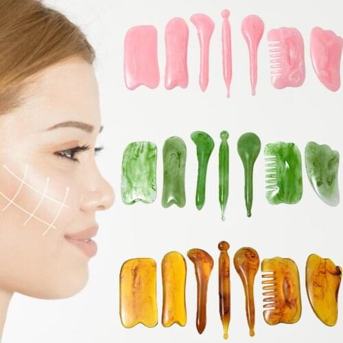 7Pcs Natural Resin Gua Sha Board Acupuncture Massage Face Lifting Stone Guasha Scraping Facial Gouache Pink Massage Tool