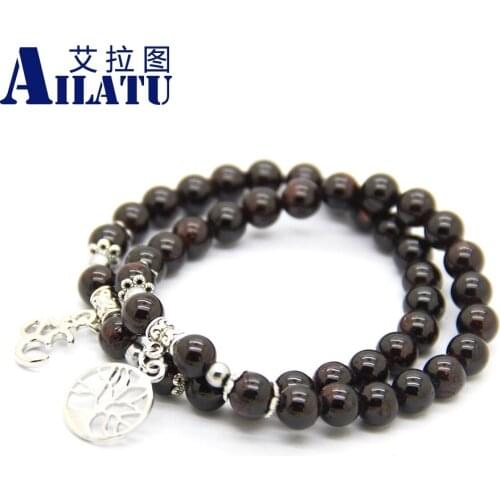 Ailatu Fashion Jewelry Natural Onyx Garnet Semi-Precious Stone Beads Tree of Life and OM Lucky Charm Bracelet