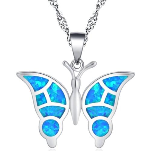 Ayowei Blue Butterfly Shape 925 Silver Stamp Opal Necklace Pendant Fashion Romantic Valentines Day Gift OP855A