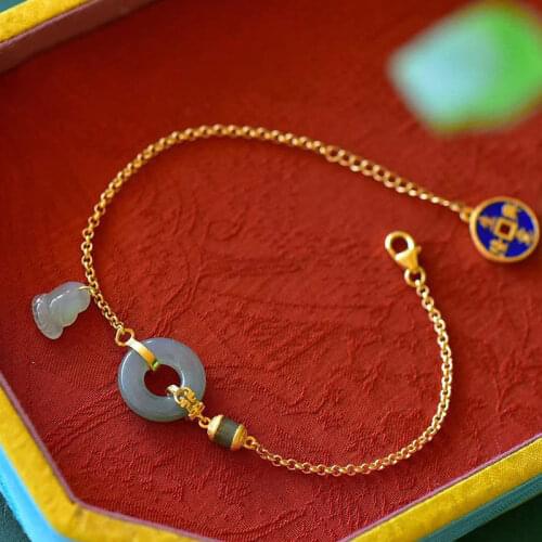 Natural Hetian Jade Green Jade Safe and Happy Jasper Safeness Ring Bracelet S925 Sterling Silver Auspicious Court Style Bracelet