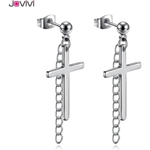 Jovivi Stainless Steel Cross Stud Earring Chain Link Earrings Studs Fashion Men Women Ear Studs 20G Body Piercing Jewelry 2 Pcs