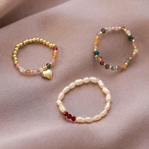 Energy Crystal Quartz Finger Rings Heart Simple Elastic Tiny Beaded Knuckle Rings Elegant Natural Freshwater Pearl Rings Women