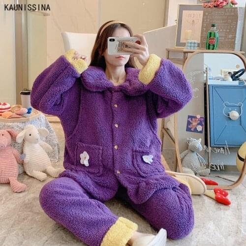 2 Pcs Winter Women Pajamas Sets Sleepwear Long Sleeve Warm Pajama Sleep Suits Pyjamas Cute Loungewear Female Homewear