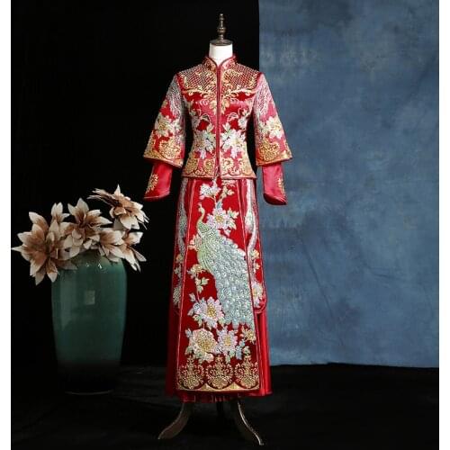 Autumn New Design Embroidery Bride Costume Chinese Traditional Classic Wedding Dress Cheongsam China Qipao костюм для восточных