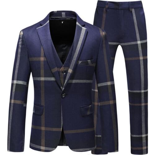 Jacket Vest Pants 2021 High Quality Men Suits Fashion Grid Men Slim Fit Business Groom Wedding Plaid Blazers Coat 3 Pieces Sets
