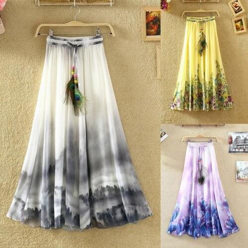 HOT SALES！！！New Arrival Summer Beach Bohemian Women Chiffon Flower Print Drawstring Maxi Long Skirt Wholesale Dropshipping