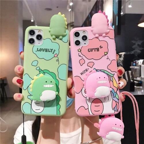 Cartoon Dinosaur Bracket Lanyard Soft Case For OPPO A9 A5 A53 A31 2020 A15 Realme C17 7 C12 C11 C2 5 Reno 4 Lite A3S A52 A91 A93