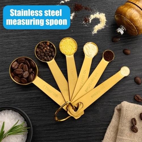 Golden-plated Stainless Steel Measuring Spoon Set 6 Pcs Baking Accessory For Dry Or Liquid Fits In Spice Jar He