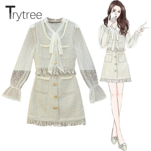Trytree 2021 Spring Summer Three piece set Casual Pearls Tweed Plaid Vest + Bow Blouse + Mini Skirt Office Lady Suit 3 Piece Set