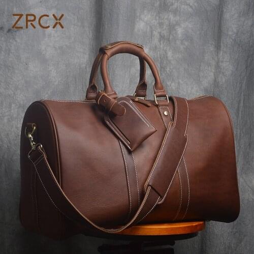 ZRCX Vintage Mens Hand Luggage Bag Travel Bag Genuine Leather Large Capacity Single Shoulder Messenger For 14 Inch Laptop