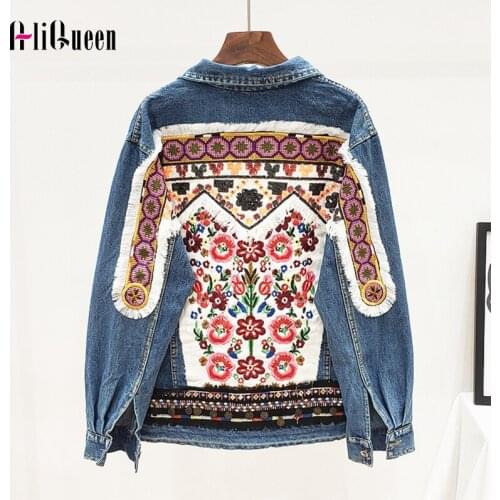 Women Fashion Loose Jeans Jacket Autumn Coat Outwear National Embroidery Casual Female Streetwear Sequined Jacket Denim Coats