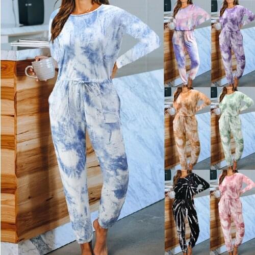 2020 Autumn Womens Long Sleeves Trousers Two-piece Suit Tie-dye Printing Loose Roundneck Ladies Home Wear Urban Casual Clothing