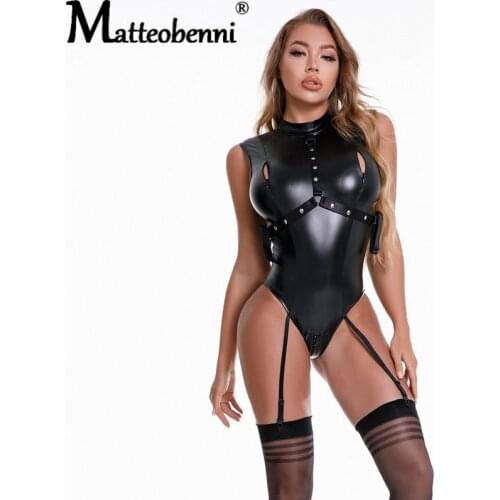 Women Sexy Wetlook Faux Leather Catsuit with Stockings Lady PVC Latex Bodysuit Open Crotch Clubwear Fetish Hot Erotic Lingerie