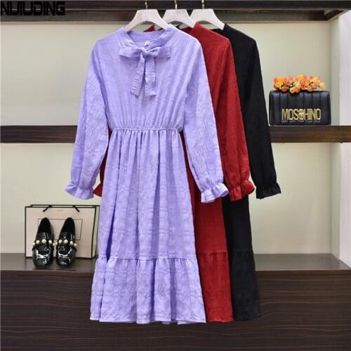 Women Long Sleeve Solid Bow Collar Dresses 2021 New Spring Summer Female Flared Sleeve Elastic Waist Midi Dress Mujer Vestidos