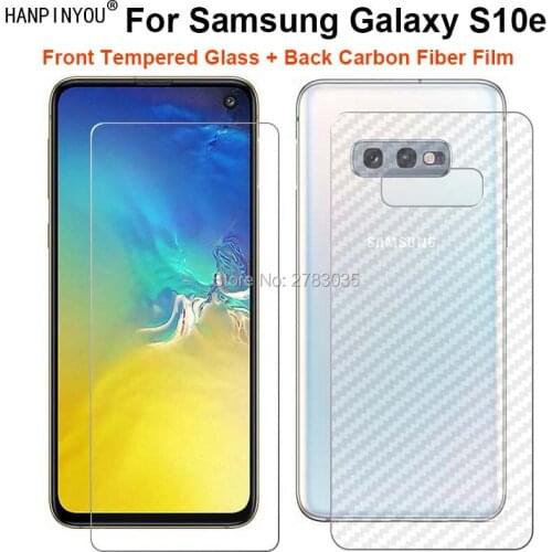 For Samsung Galaxy S10e G970FD 1Set = Soft Back Carbon Fiber Film + Ultra Thin Premium Tempered Glass Front Screen Protector
